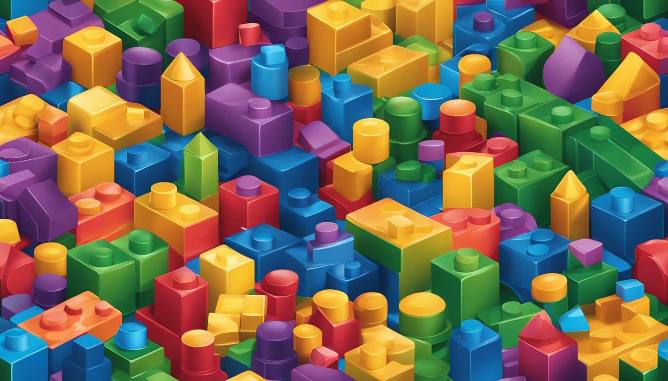 A colorful array of building blocks arranged in various shapes and sizes, showcasing the durability and vibrant design of the toy brands