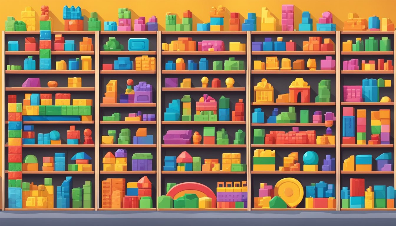 Colorful building block toys fill the shelves of a bustling market store. Various brands and sizes are on display, creating a vibrant and playful scene