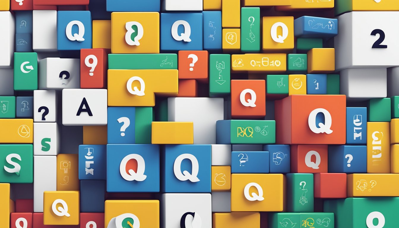Colorful building blocks arranged with brand logos, surrounded by question marks and a FAQ sign