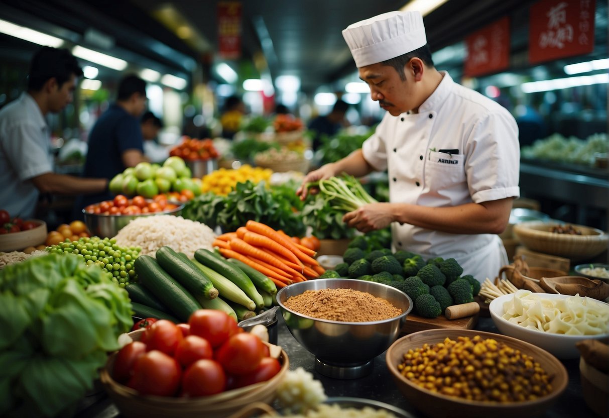 A bustling Singapore market with colorful displays of fresh vegetables and traditional Chinese ingredients. A chef expertly prepares vegetarian dishes, surrounded by the aroma of exotic spices