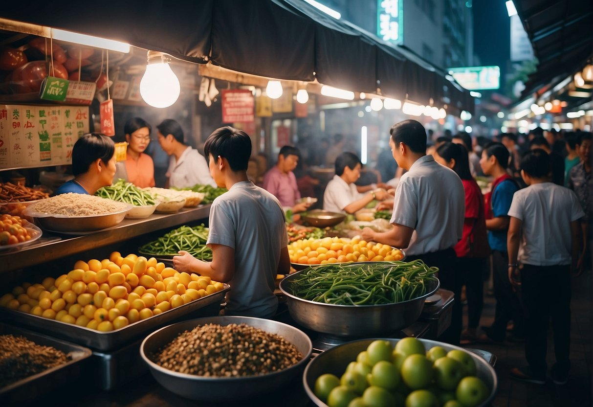 A bustling Singapore market with colorful stalls selling Chinese vegetarian ingredients and locals seeking recipes