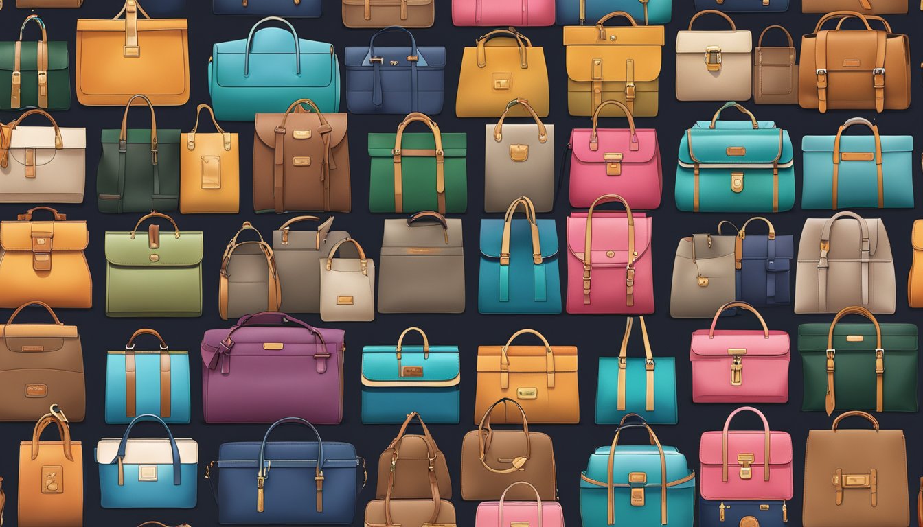 A display of branded bags, arranged in a hierarchy to showcase craftsmanship and design details
