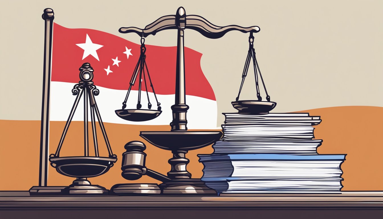 A stack of legal documents and a scale representing fairness, with a gavel symbolizing authority, in front of a Singaporean flag