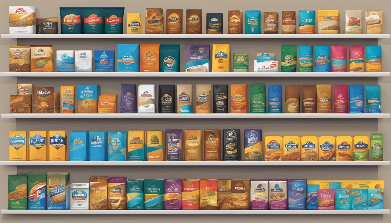 A display of American tobacco brands arranged on a shelf with colorful packaging and prominent logos