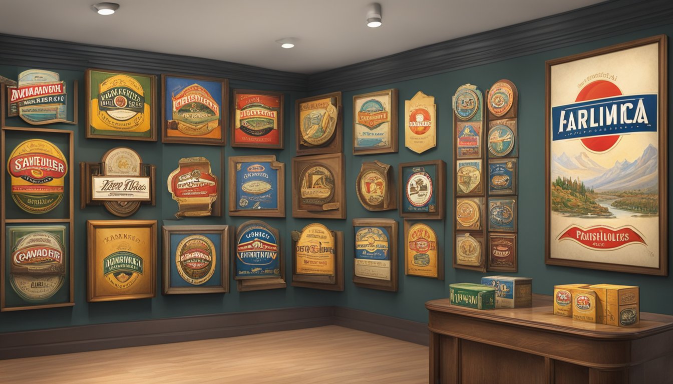 A collection of vintage American tobacco brand logos and packaging displayed in a museum exhibit