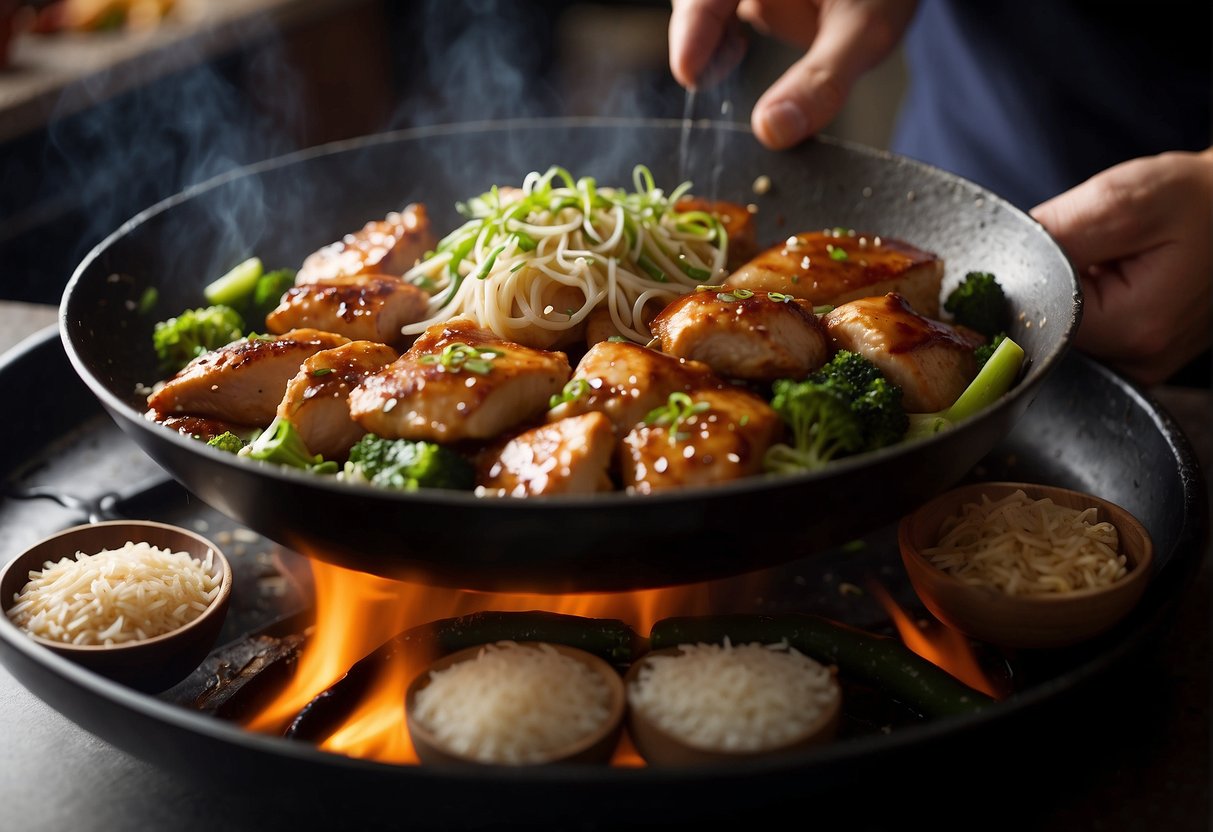 A sizzling wok tosses marinated chicken thigh fillets with ginger, garlic, and soy sauce, creating a flavorful Chinese dish