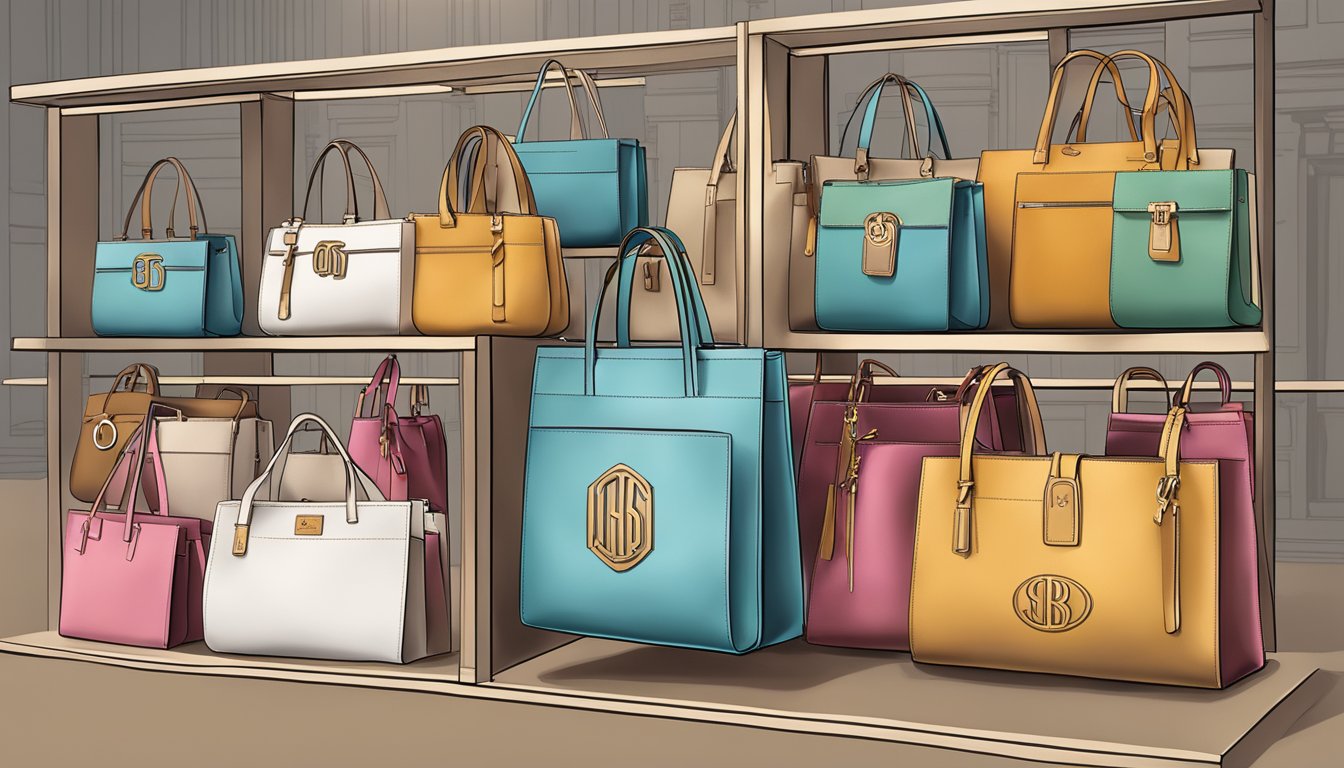 A display of branded bags arranged by size and color, with personalized touches like monogrammed initials or custom charms