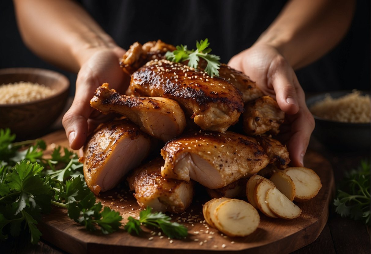 A hand reaching for fresh ginger, garlic, and soy sauce next to a pile of juicy chicken thigh fillets