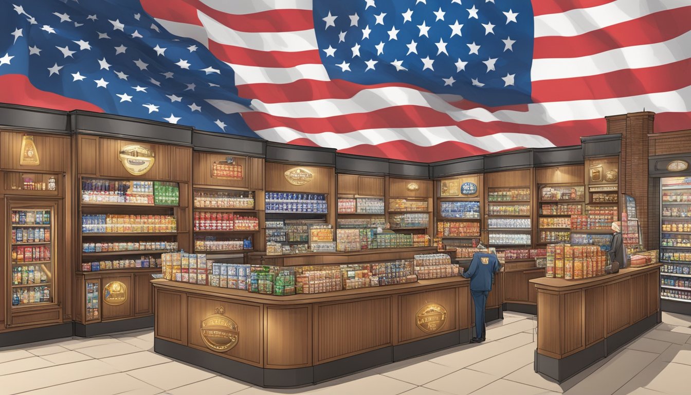Various American tobacco brands on display, surrounded by international flags and bustling with customers