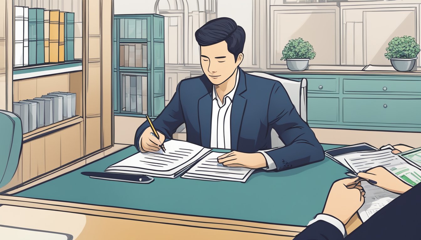 A person signing a contract with a licensed money lender in Singapore, displaying the official license and avoiding any unlicensed lending practices