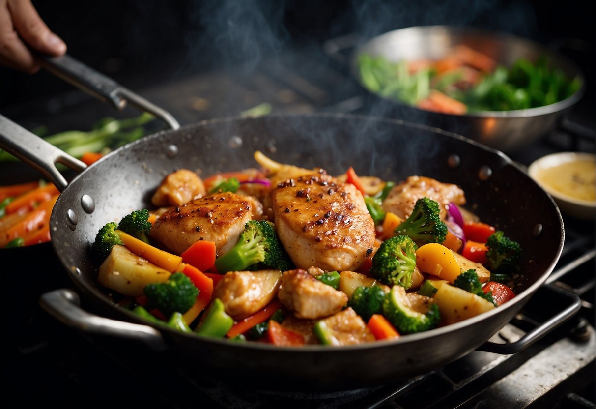 A sizzling chicken thigh fillet cooks in a wok with colorful vegetables and aromatic spices, creating a mouthwatering Chinese dish