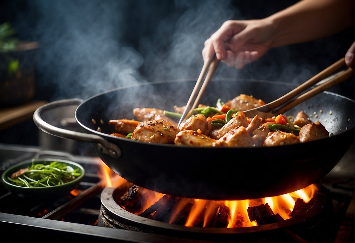 A sizzling chicken thigh fillet being stir-fried in a wok with vibrant Chinese spices and herbs, creating a mouth-watering aroma