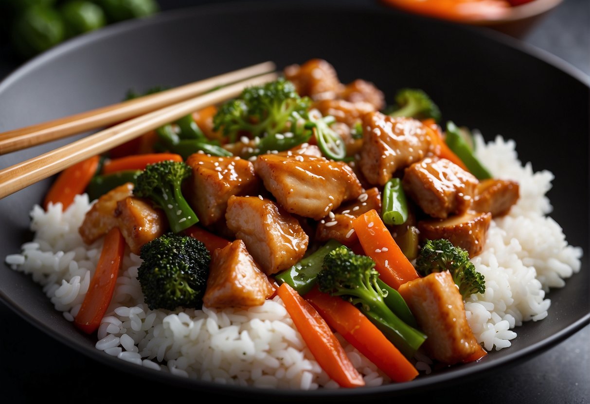 A sizzling chicken thigh fillet stir-fry in a wok with vibrant Chinese vegetables and aromatic spices. A steaming bowl of fluffy white rice sits nearby, ready to be paired with the flavorful dish