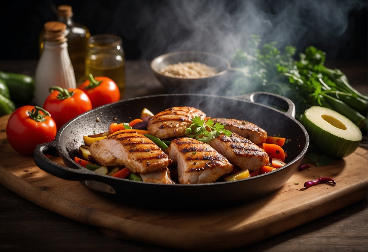 A sizzling skillet with Chinese spices and herbs, surrounded by fresh vegetables and a pile of juicy chicken thigh fillets
