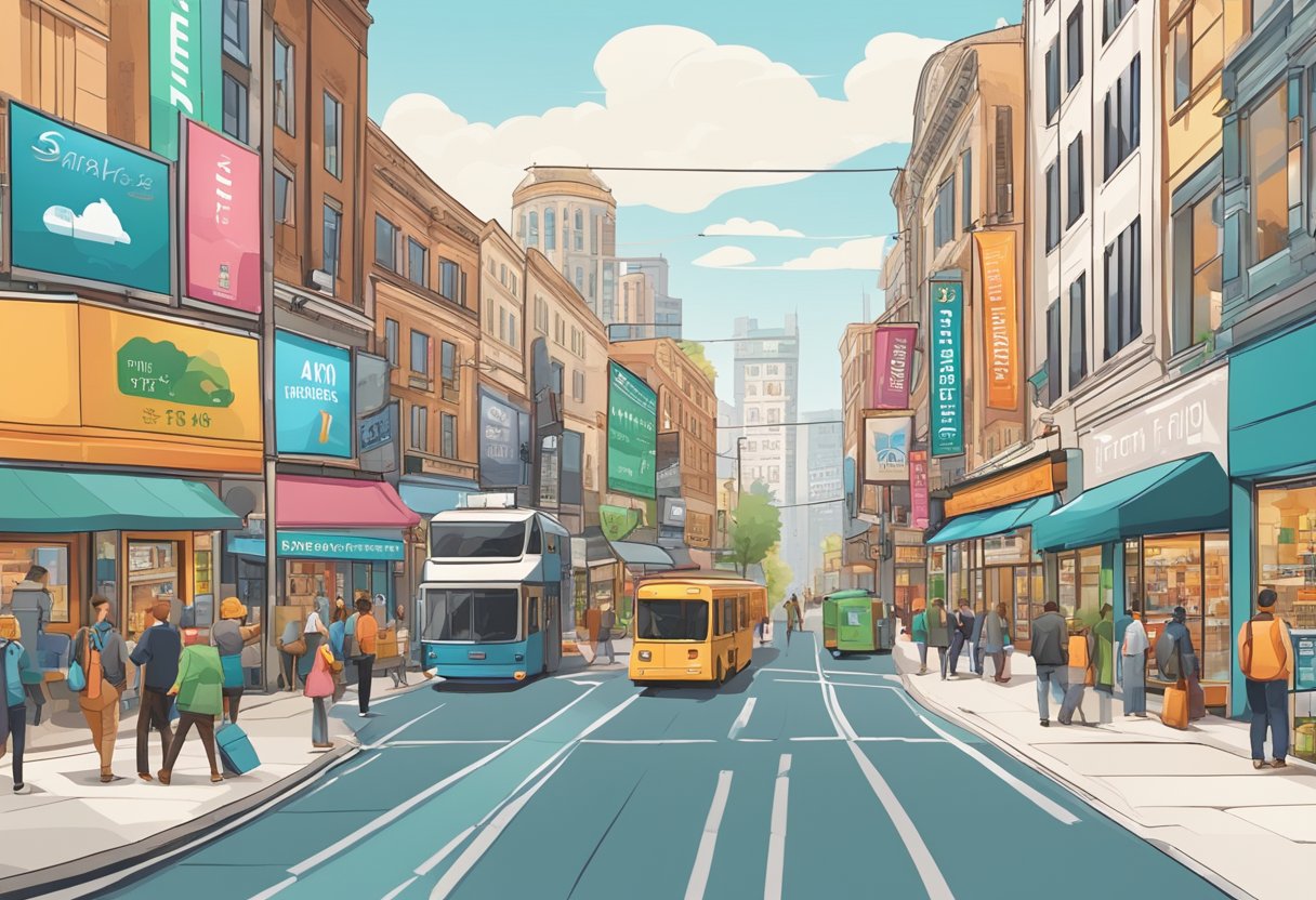 A bustling city street with colorful storefronts and busy foot traffic, with prominent billboards and signs advertising various small businesses