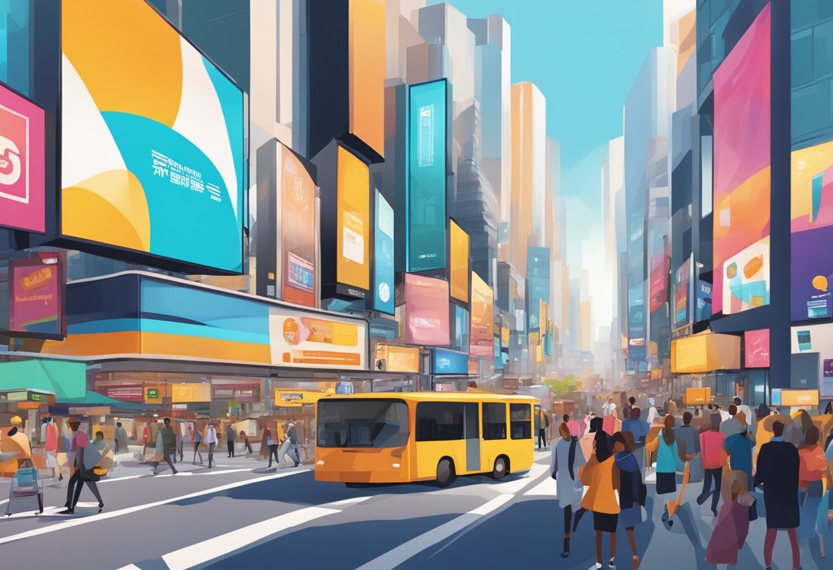 A bustling city street with various advertising platforms such as billboards, bus stops, and digital screens. The scene is filled with people passing by, and the atmosphere is vibrant and dynamic