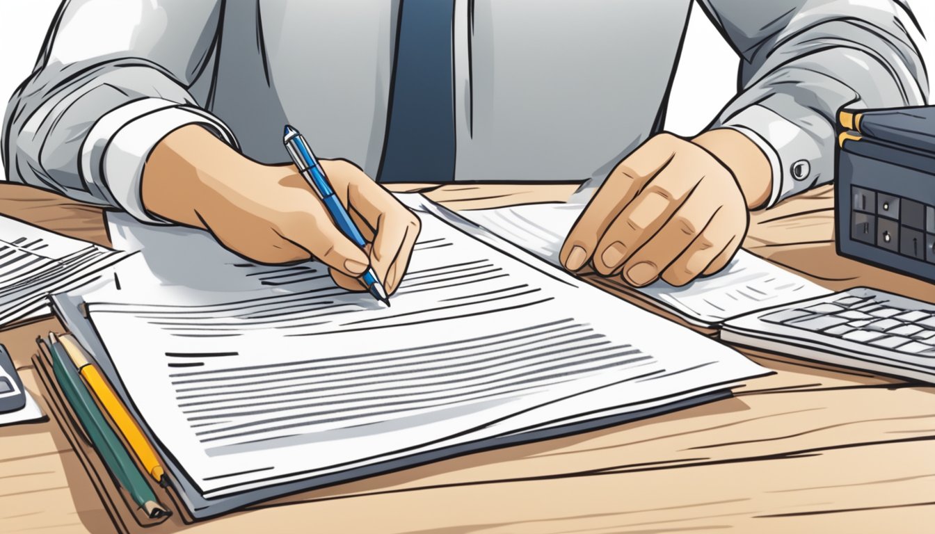 A person signing a loan agreement with a lender in Singapore, with terms and conditions clearly displayed