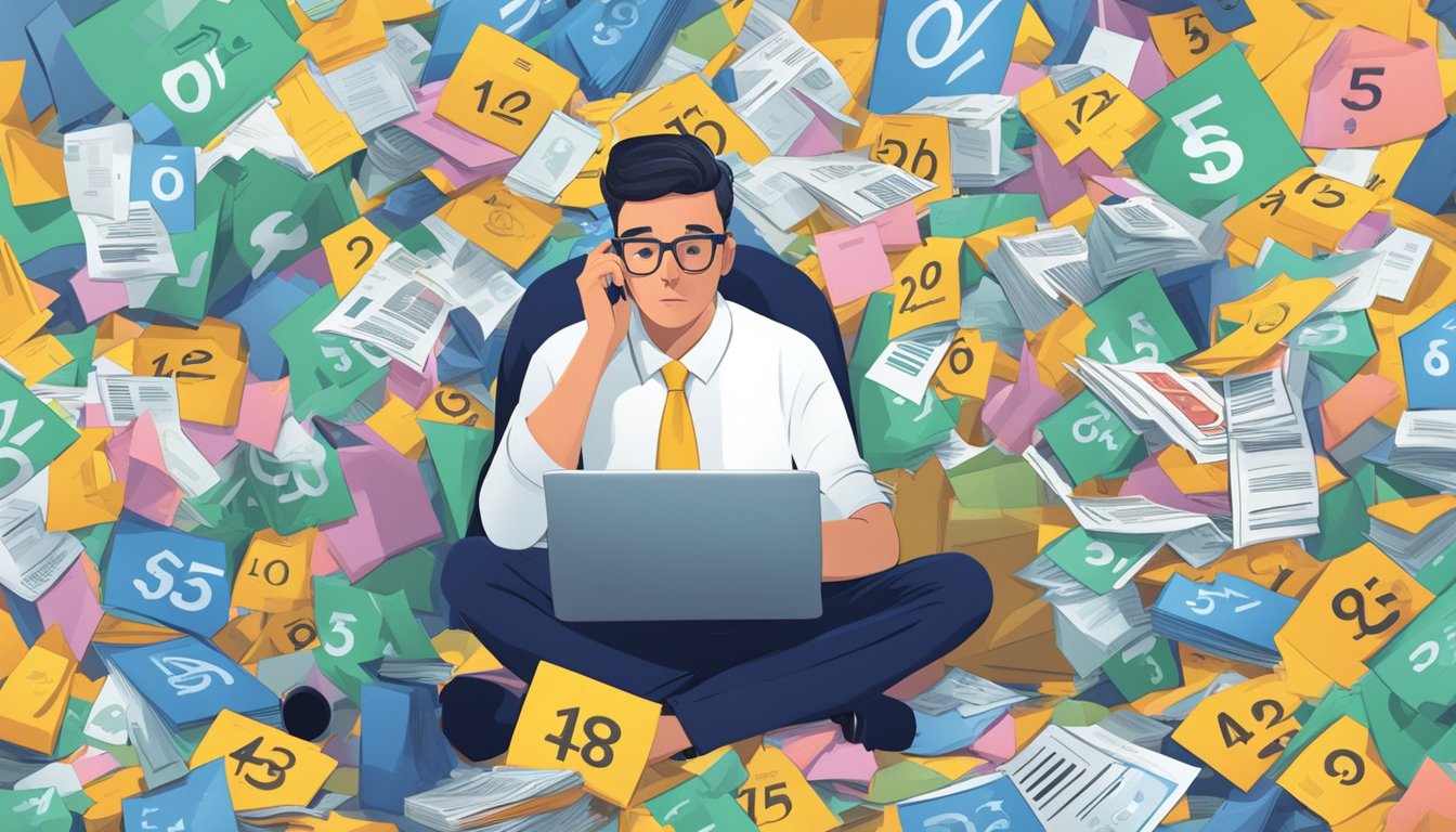 A person surrounded by high-interest rate signs and a pile of unpaid bills, looking stressed and overwhelmed
