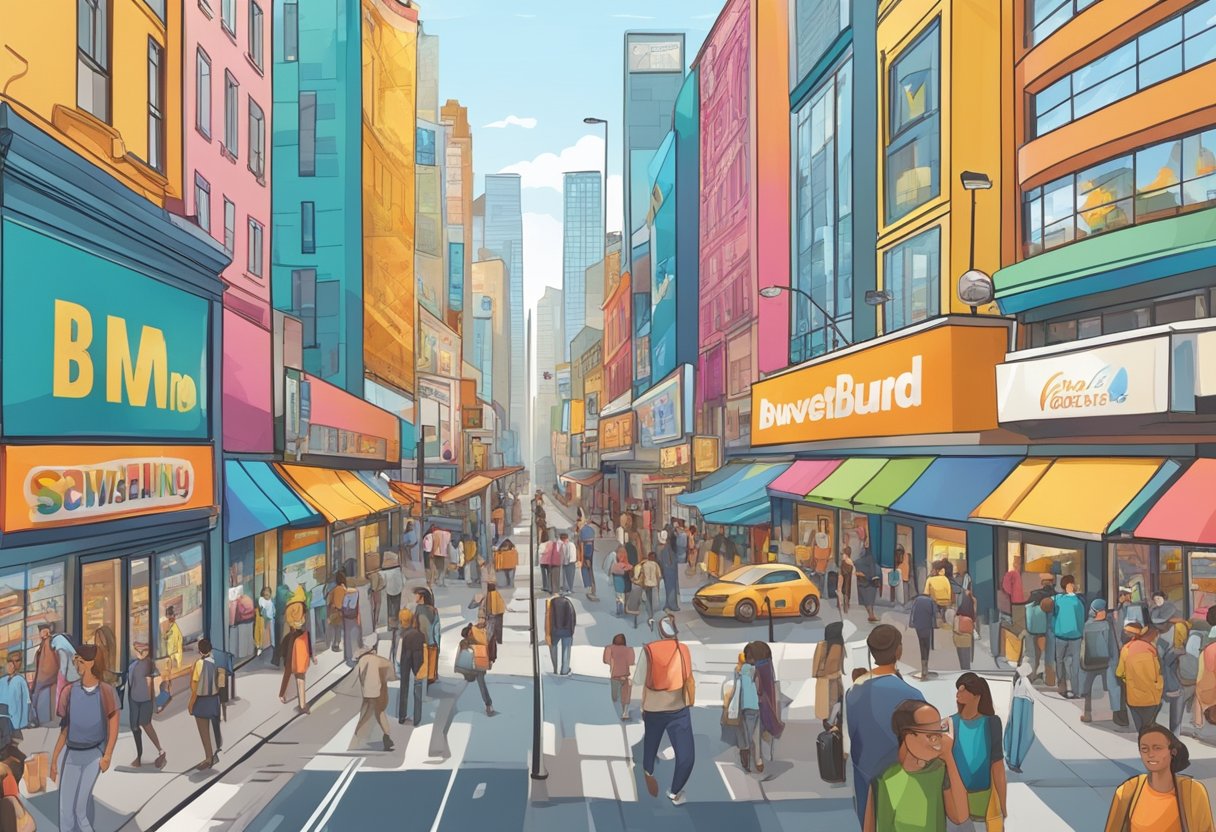 A bustling city street with colorful billboards and crowded storefronts, showcasing the diversity of advertising options for small businesses