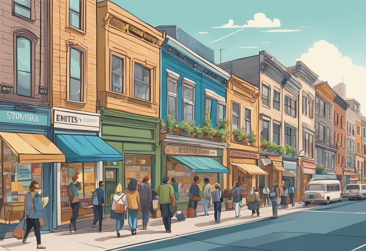 A bustling city street with various storefronts, each displaying vibrant advertisements for small businesses. Pedestrians are seen stopping to read the signs and enter the shops