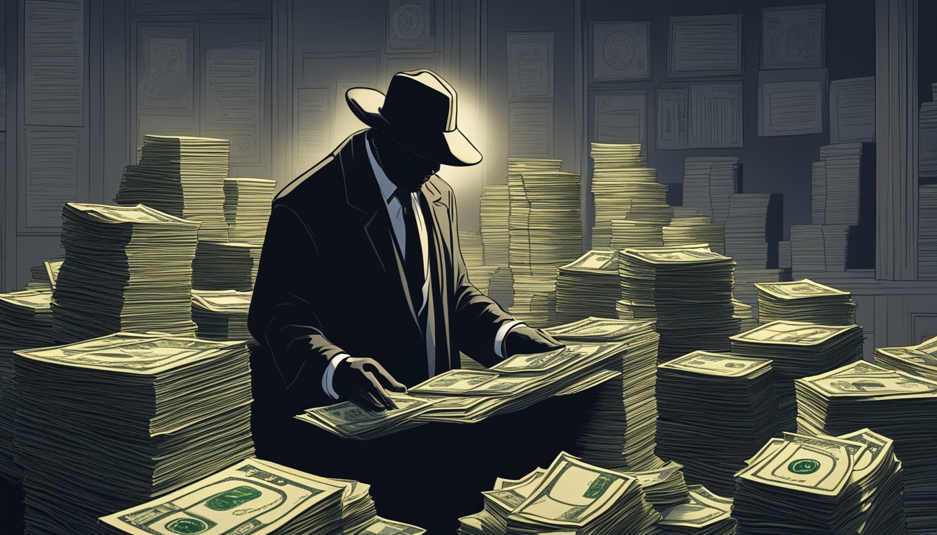 A shadowy figure counts cash in a dimly lit room, surrounded by stacks of money and documents. A menacing aura fills the space, hinting at the dangers of unlicensed moneylending