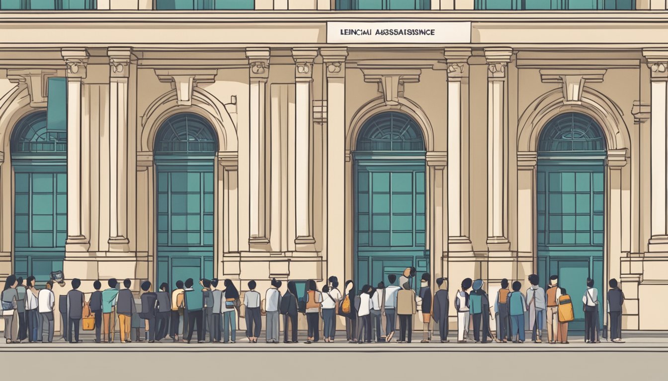 A government building with a sign for "Financial Assistance" and "Lender Money" in Singapore. People lined up outside, waiting for assistance