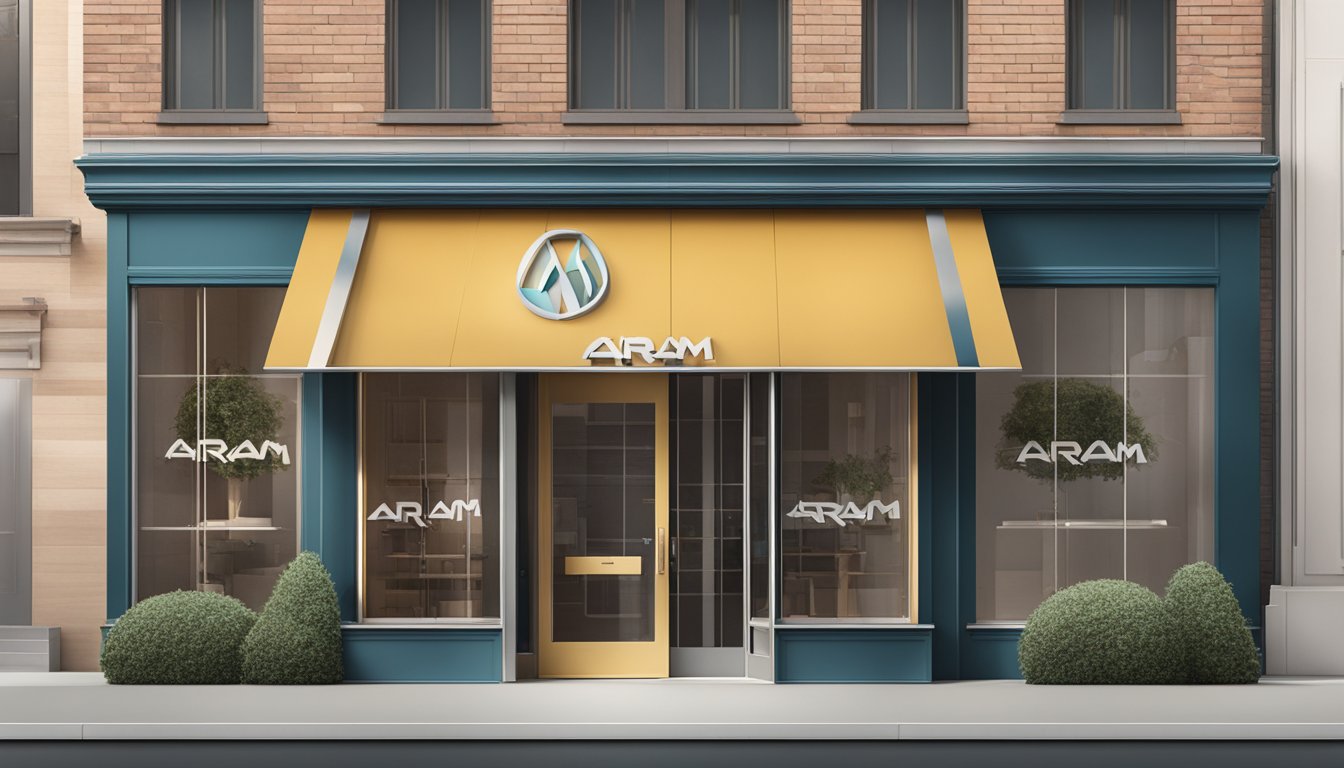 Aram brand logo displayed on a sleek, modern storefront