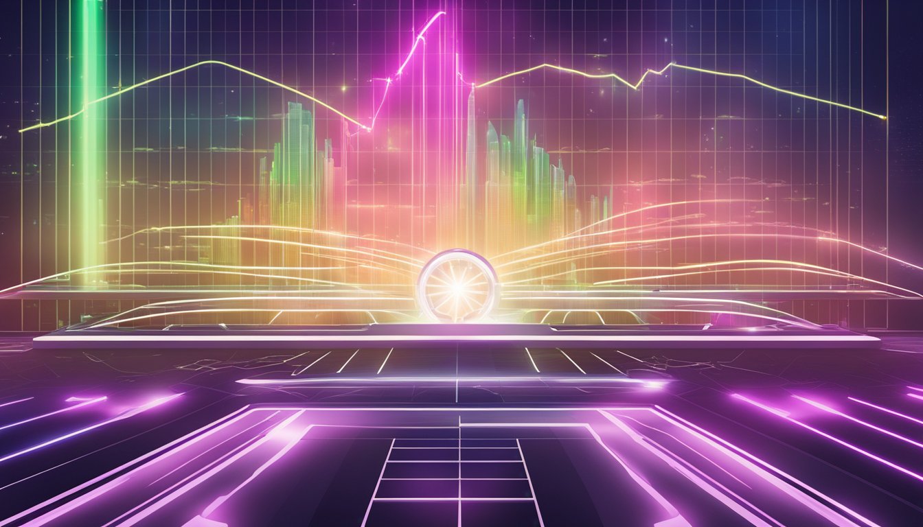 An Animoca Brands logo shining brightly against a futuristic backdrop, with stock price charts displayed in the background
