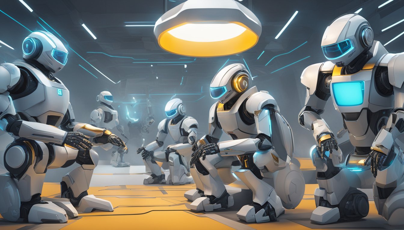 A team of futuristic robots strategize and adapt to the ever-changing Meta brand aram in a high-tech virtual environment