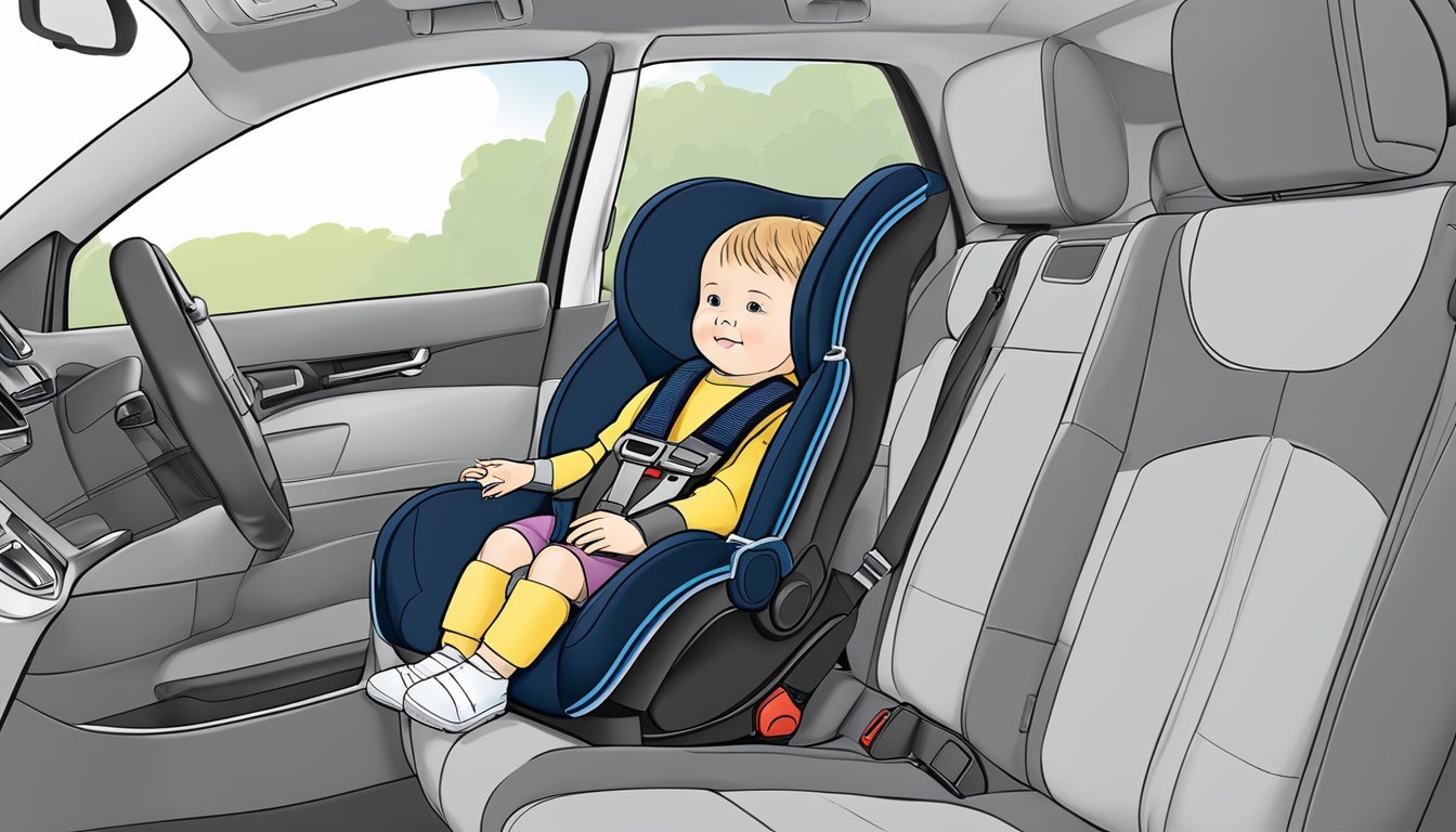 A Britax car seat installed in a vehicle, with a child safety harness securely fastened and the seatbelt properly adjusted