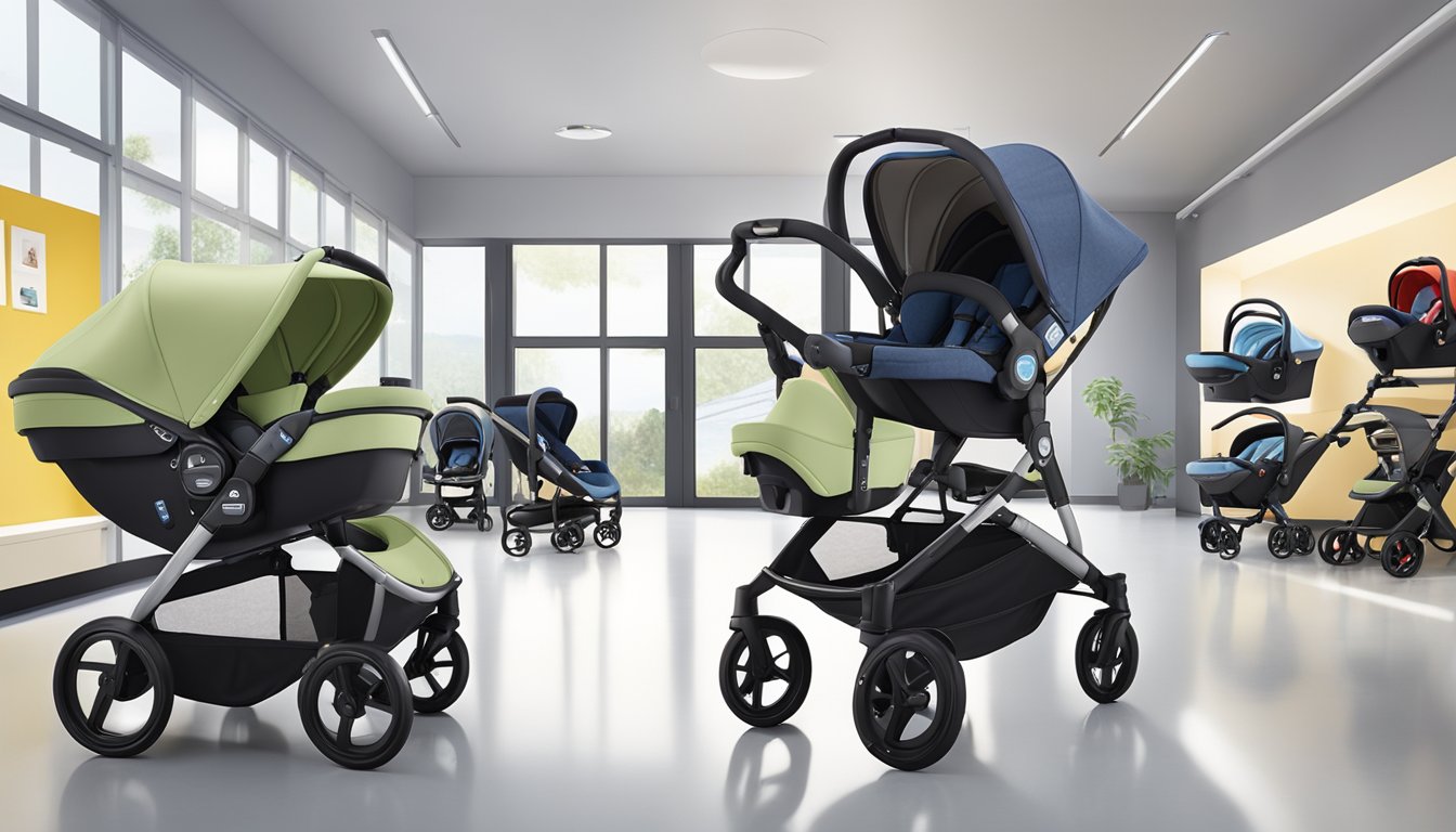 A Britax car seat, stroller, and baby carrier are displayed in a well-lit showroom with clean, modern design elements