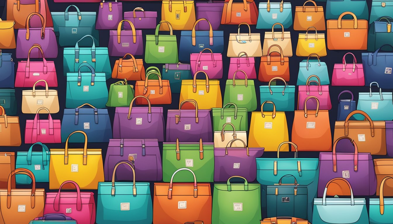 Colorful branded bags displayed on shelves at a bustling sale in Singapore