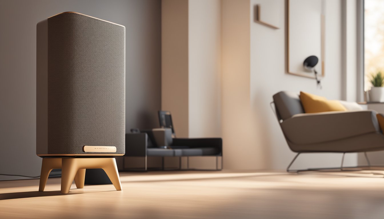 A sleek, modern speaker sits on a minimalist stand, surrounded by cutting-edge audio equipment. The room is bathed in warm, ambient light, highlighting the innovative Canadian speaker brand