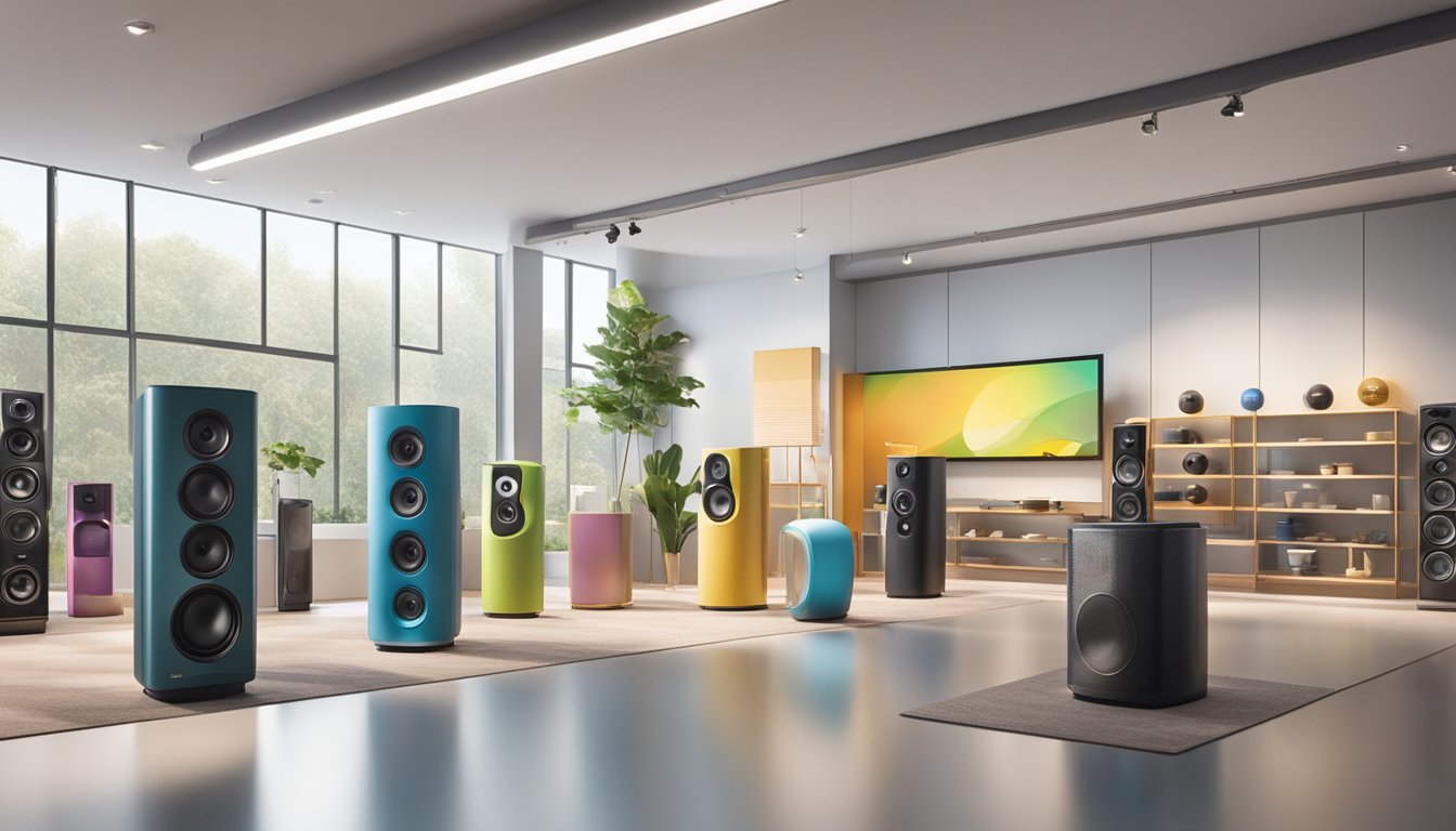 A variety of Canadian speaker brands are displayed in a modern, well-lit showroom, showcasing different types and uses