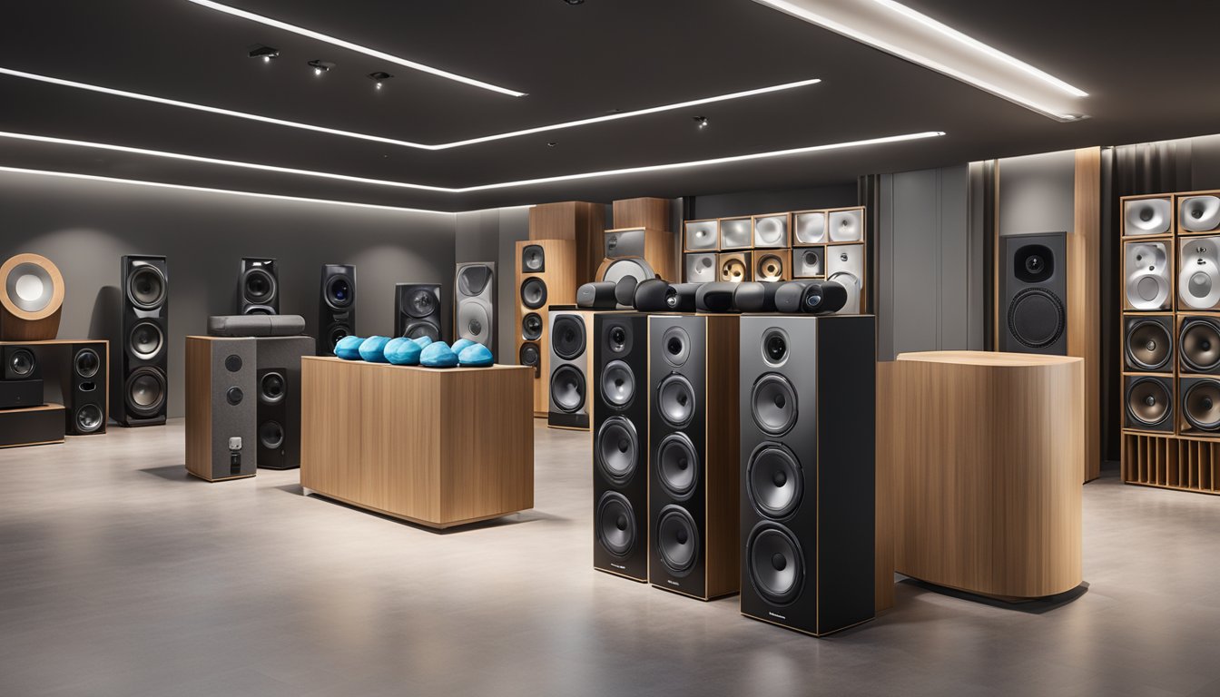 A collection of high-quality Canadian speaker brands displayed in a modern showroom, with sleek designs and intricate craftsmanship