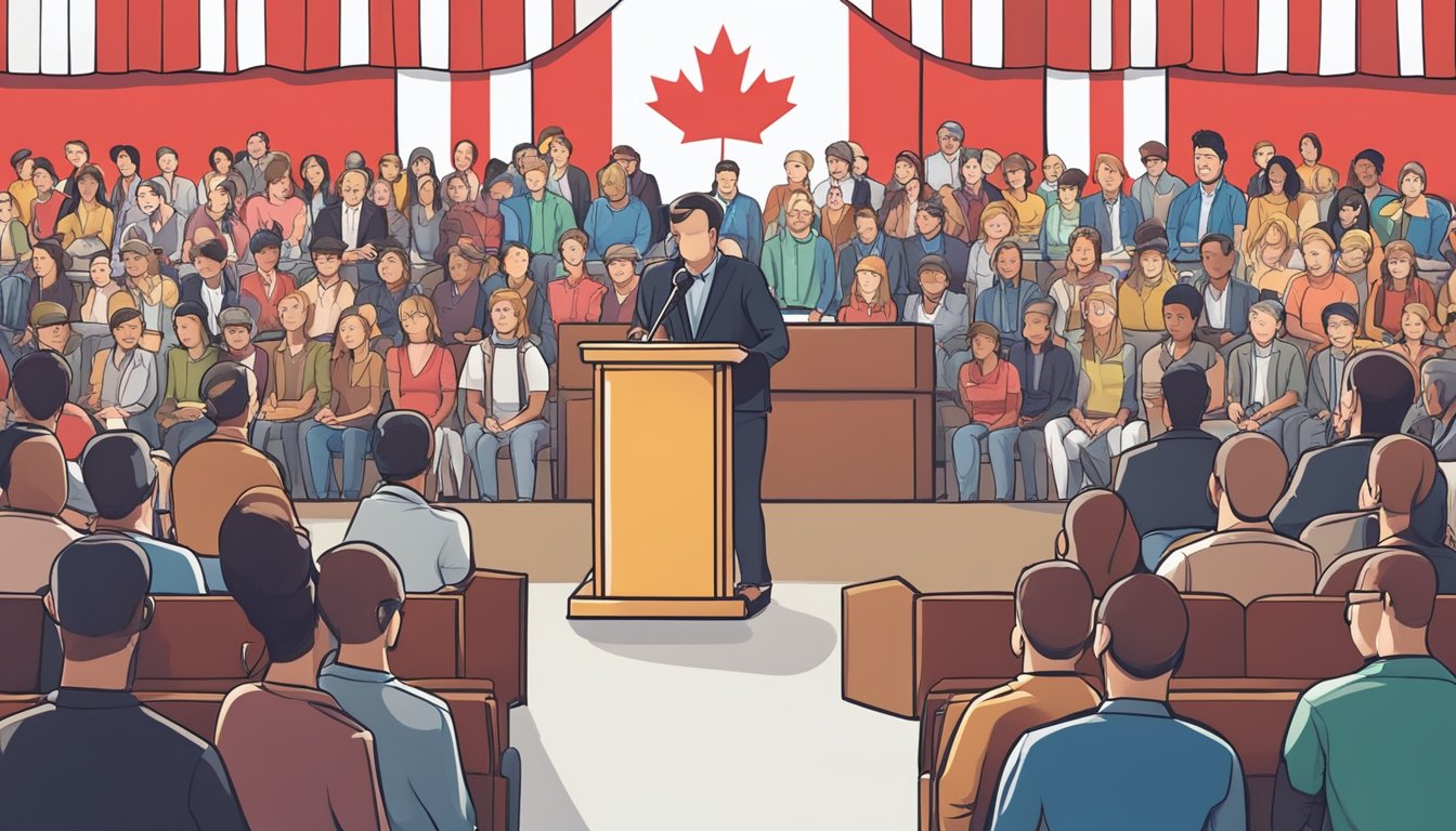 A podium with a microphone and a Canadian flag backdrop, surrounded by an attentive audience