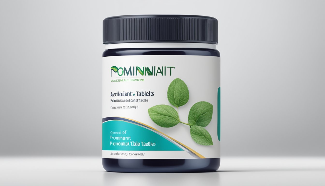 A bottle of antioxidant tablets sits on a clean, white surface with the brand name prominently displayed on the label