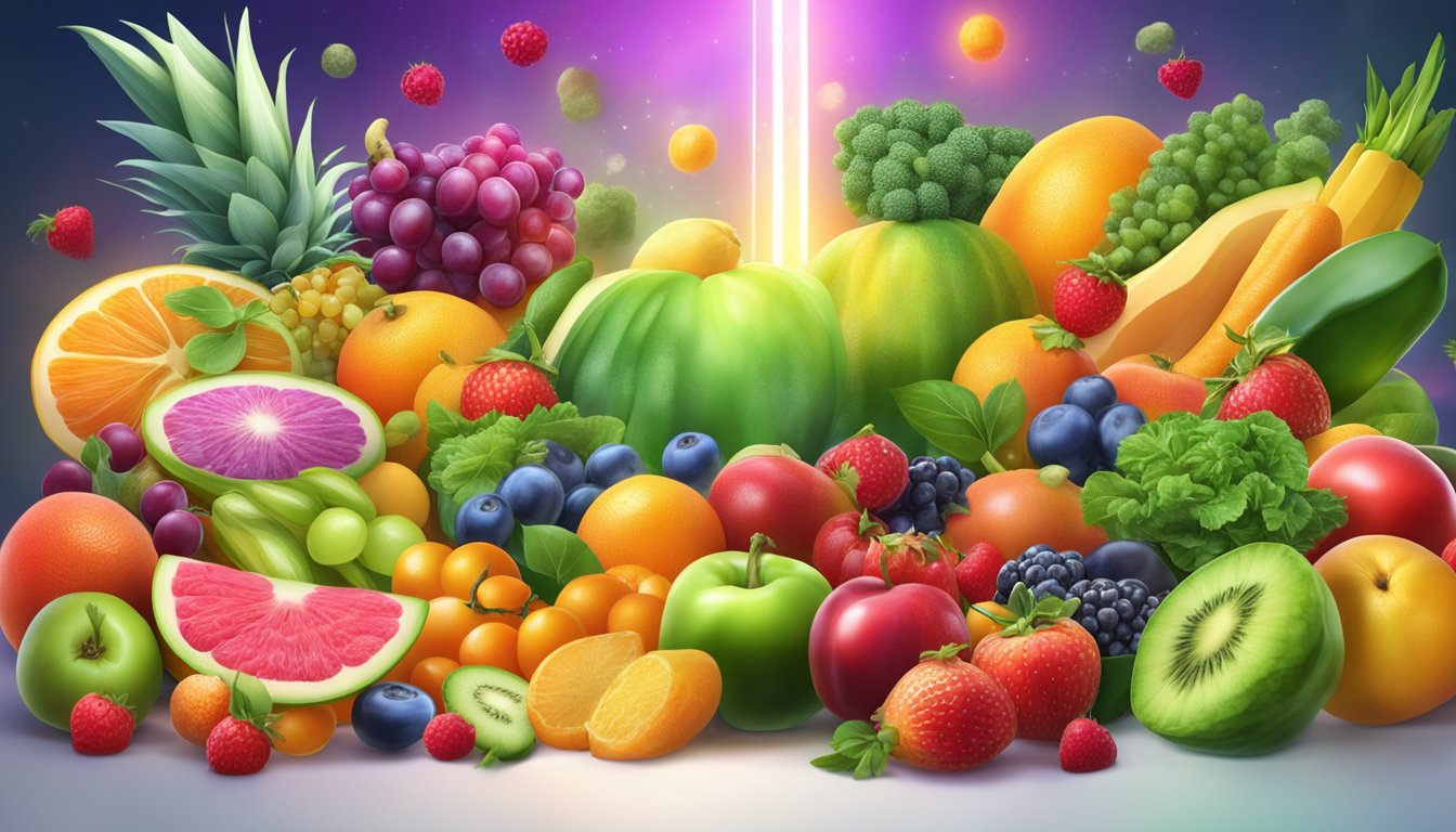 A vibrant array of colorful fruits and vegetables, bursting with energy and vitality, surrounded by glowing antioxidant tablets