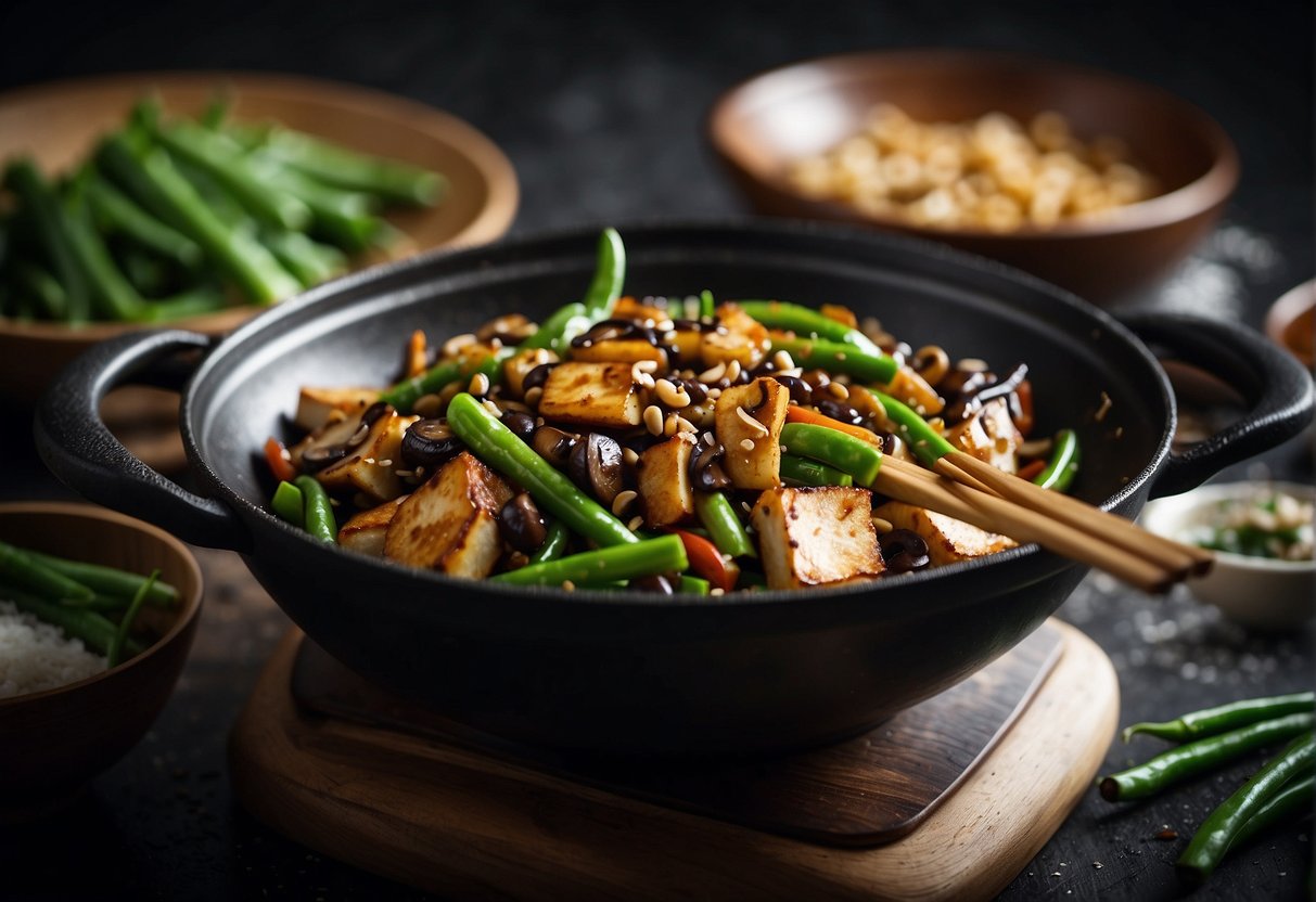 A wok sizzles with stir-fried vegetables in rich black bean sauce. Green beans, tofu, and mushrooms glisten in the savory aroma