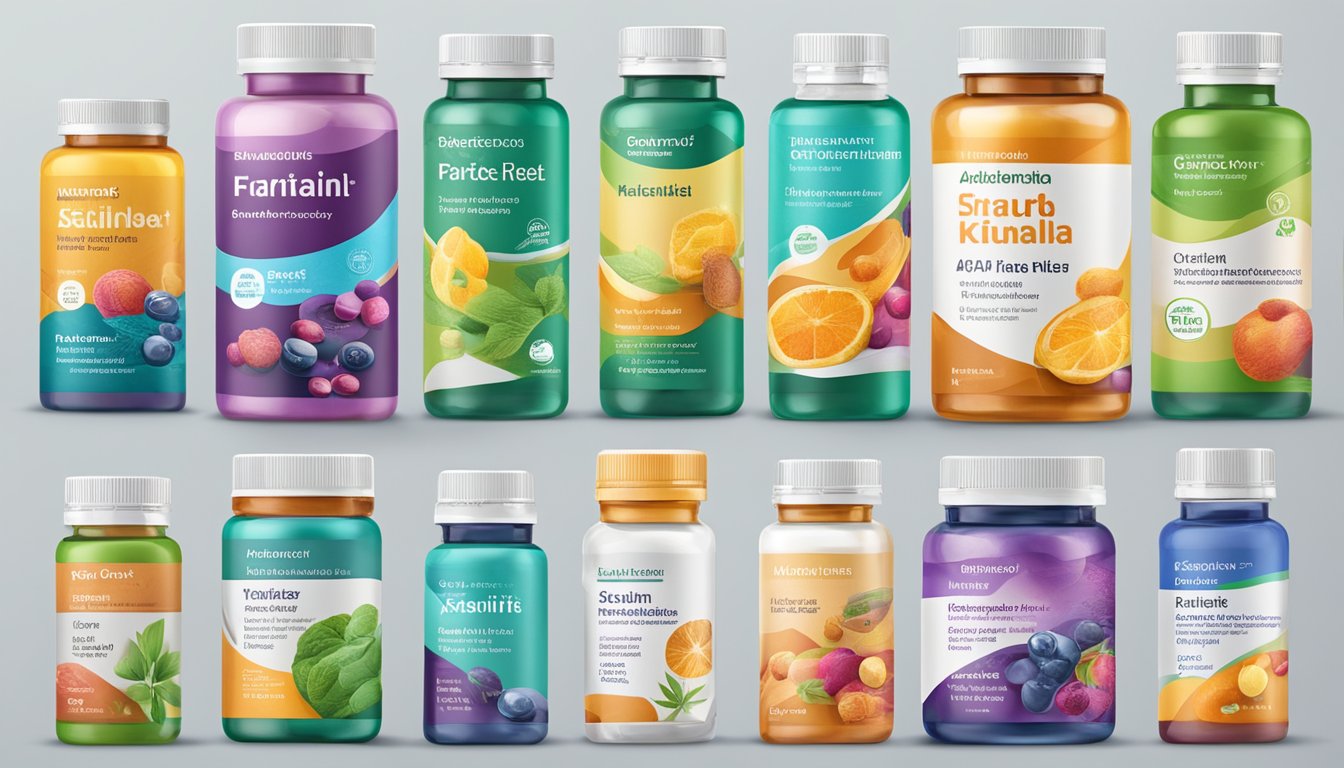 Various antioxidant tablet brands arranged in a row, with vibrant packaging and clear brand names