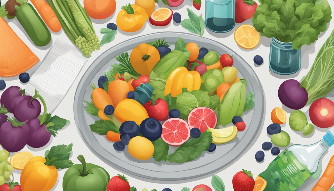 A table with a bottle of antioxidant tablets surrounded by colorful fruits and vegetables. A label on the bottle lists health benefits and potential risks
