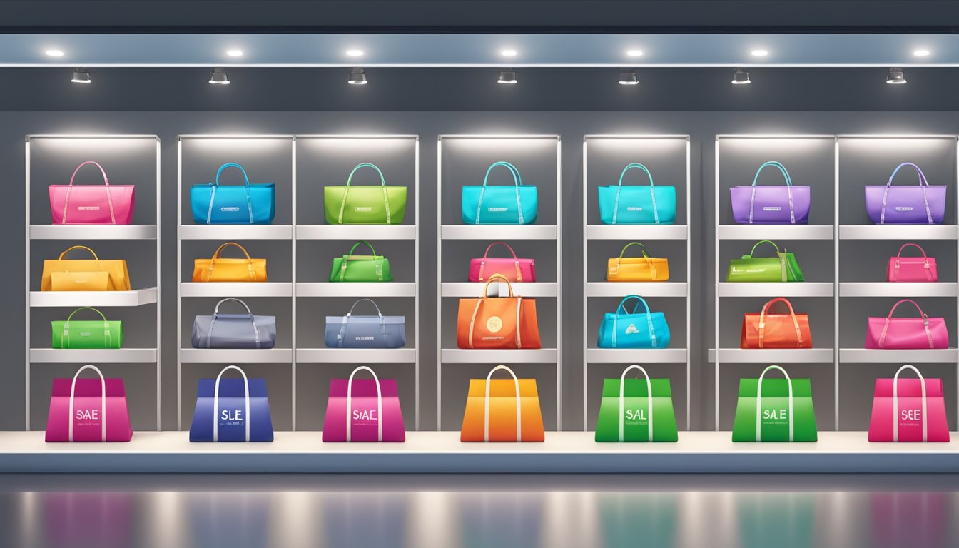 Brightly lit store display with rows of branded bags in various colors and styles, with sale signs and price tags