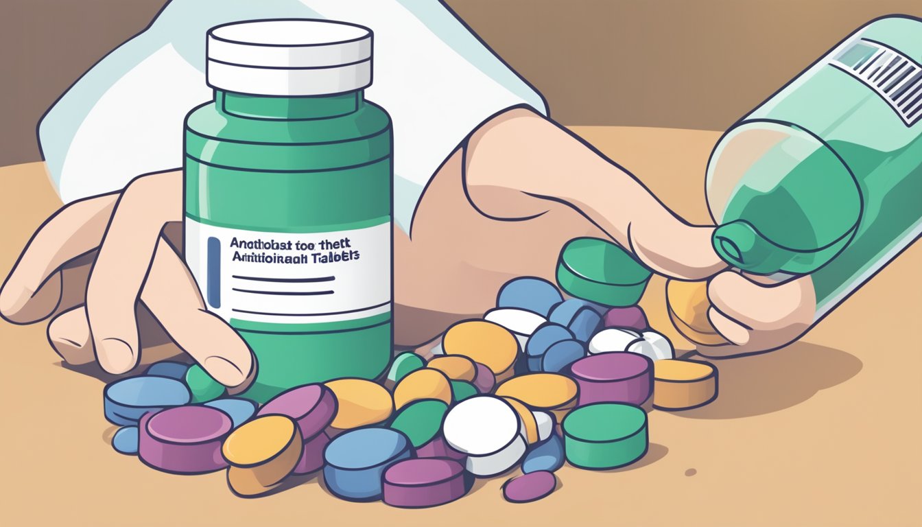 A hand reaches for a bottle of antioxidant tablets, with a clear dosage label. The tablets are being absorbed into the body, interacting with other nutrients