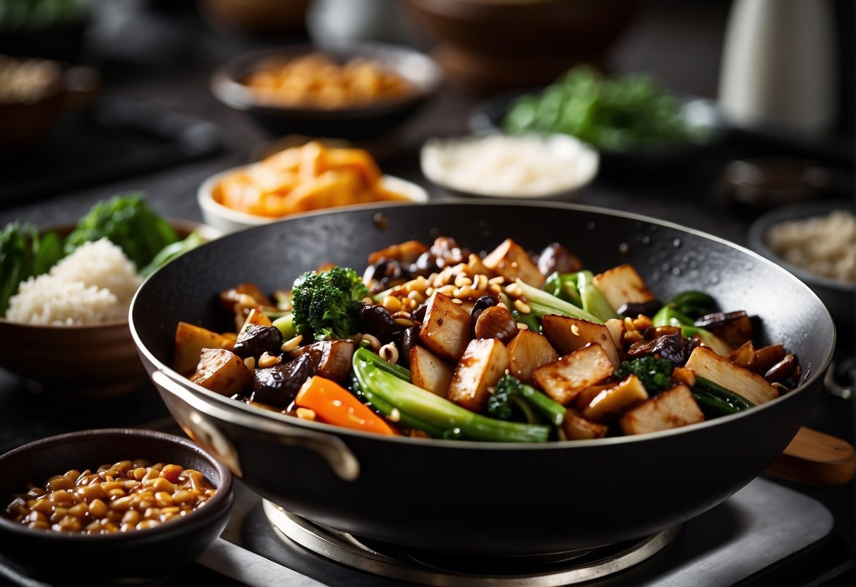 A wok sizzles with Chinese vegetarian dishes in black bean sauce. Ingredients like tofu, mushrooms, and bok choy are arranged nearby