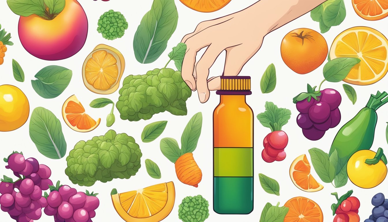 A hand reaches for a bottle of antioxidant tablets, surrounded by colorful fruits and vegetables, symbolizing the incorporation of antioxidants into the diet