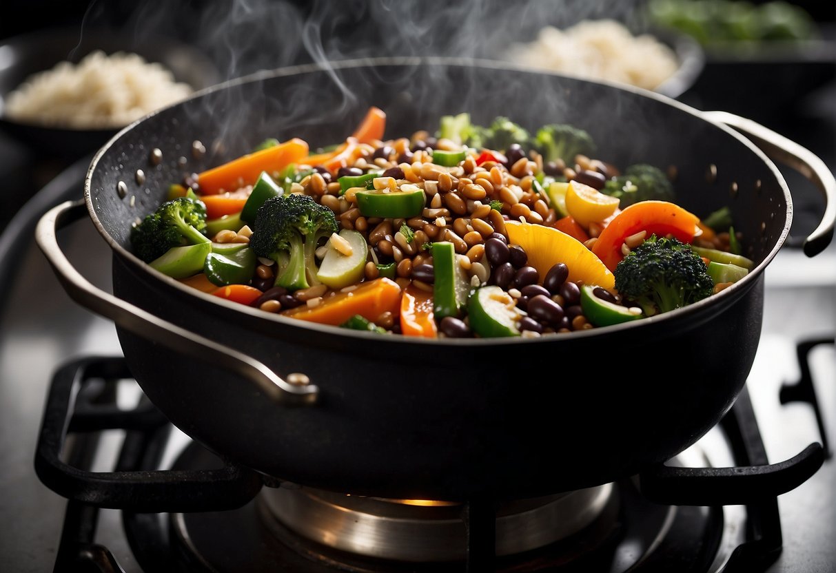A wok sizzles with stir-fried vegetables in rich, savory black bean sauce. Steam rises, carrying the aroma of garlic and fermented black beans