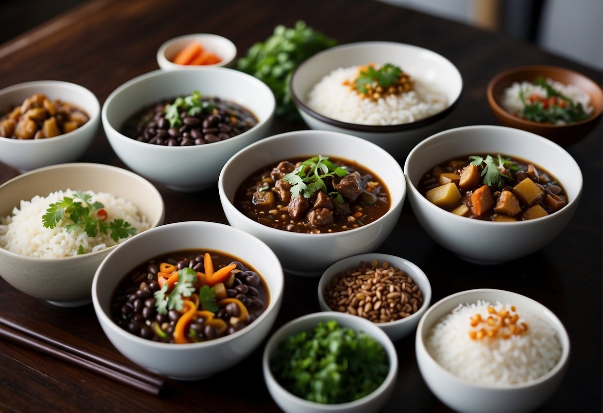 A table set with various Chinese vegetarian dishes in black bean sauce. Bowls of steaming rice accompany the savory and aromatic main dishes