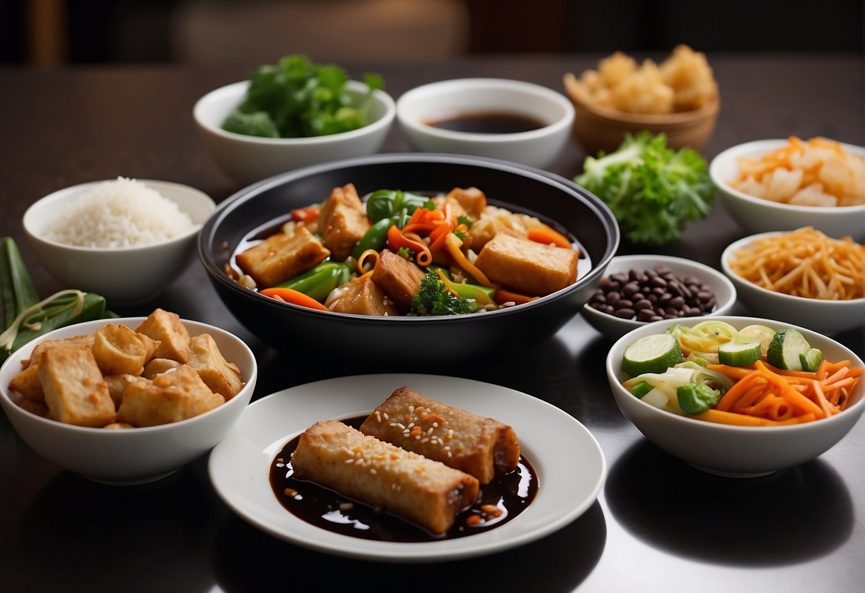 A table set with various Chinese vegetarian dishes, including stir-fried vegetables and tofu in black bean sauce, with steamed rice and crispy spring rolls as accompaniments