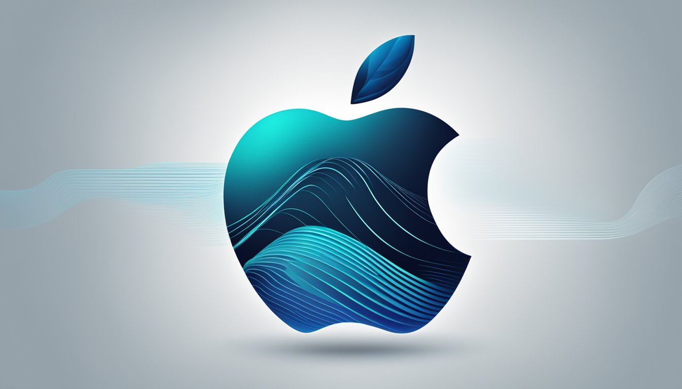 A sleek apple with a dynamic, sound wave-like pattern, radiating energy and motion. The brand name "Apple" is prominently featured in bold, modern typography