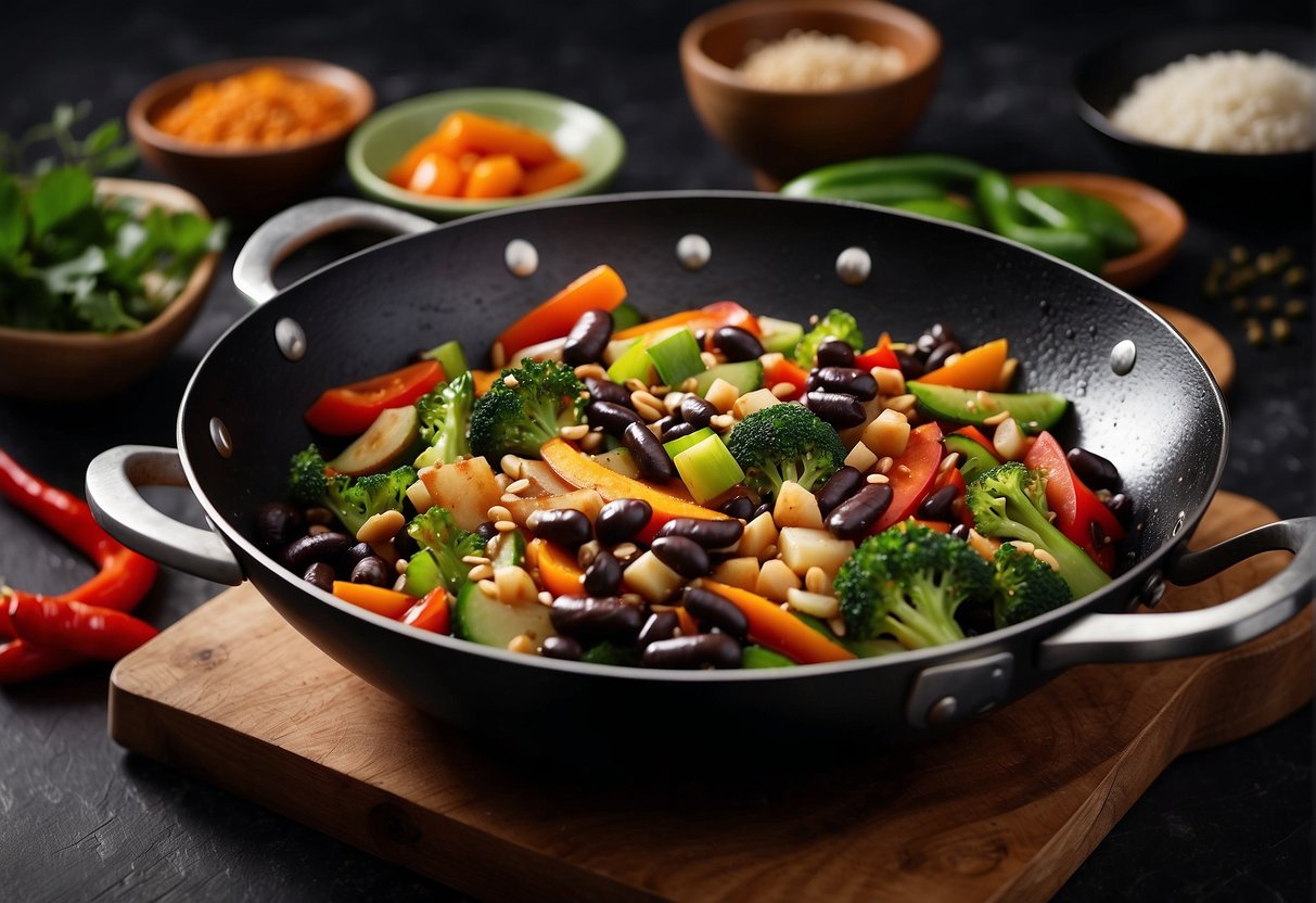 A wok sizzles with stir-fried vegetables in a rich, savory black bean sauce, surrounded by traditional Chinese ingredients and cooking utensils